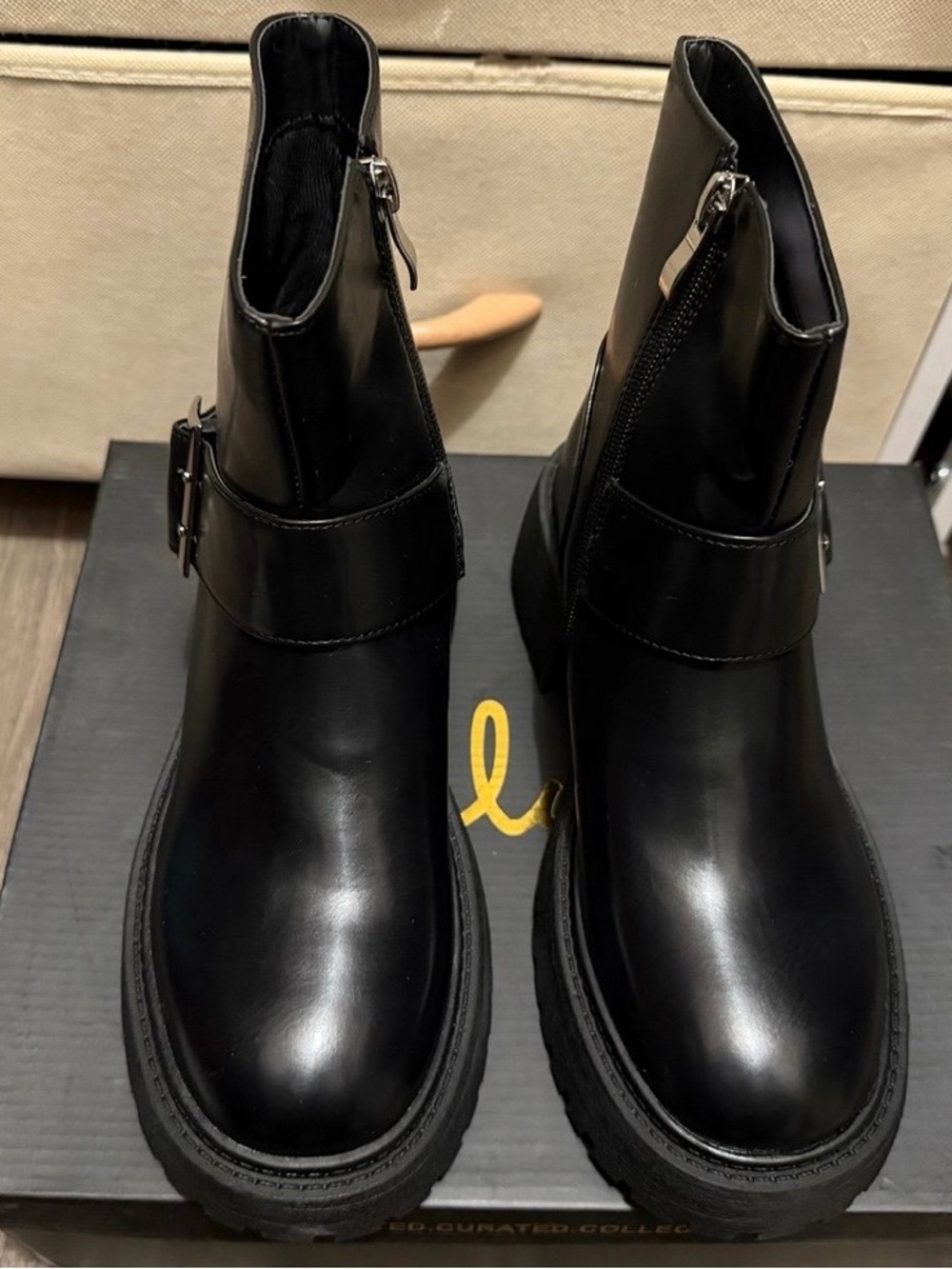 Lulu's Black Leather Buckle Zip Ankle Booties